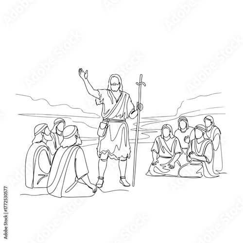 Biblical figure preaching to followers in simple outline style. Biblical figure stands with staff addressing seated group, set against minimalistic landscape backdrop, continuous line drawing.