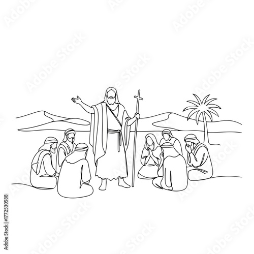 Biblical history shows Jesus Christ preaching to group, drawn in one continuous line.