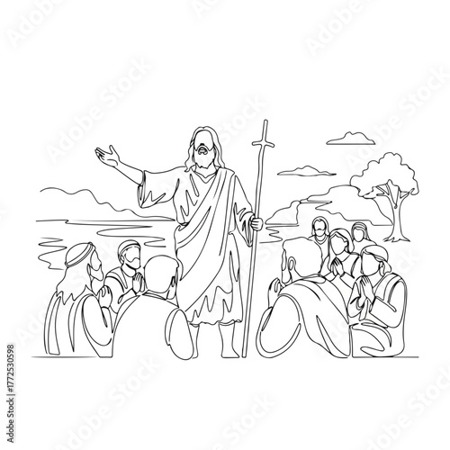 Biblical history illustration shows Jesus Christ giving sermon to his disciples in continuous line drawing. Biblical history presentation includes mountains and a tree.