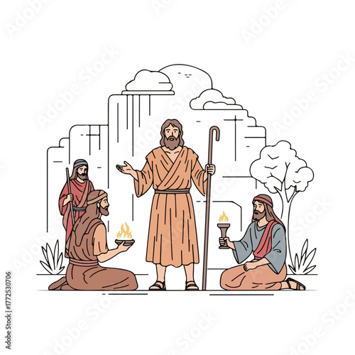 Biblical scene depicts Moses receiving people's offering with religious dedication. Moses carries his staff with piety, while biblical scene also shows people kneeling with candle flame.
