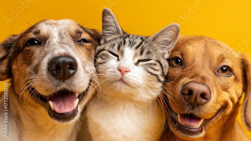 Veterinarian with pets banner with happy fluffy dogs and cat in veterinary clinic. Medical care for domestic animals. 