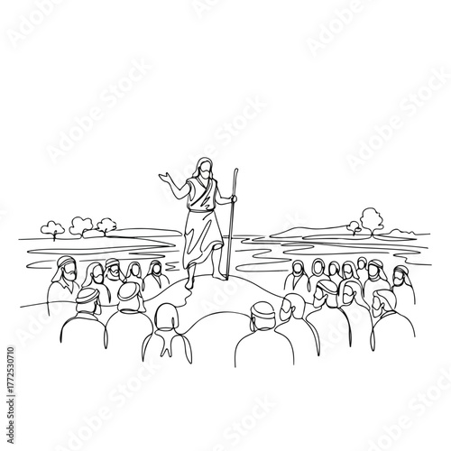 Biblical history scene with Jesus giving sermon to crowd in an outdoor setting. Figure of Jesus is depicted with followers in simple single line style, in this biblical history art.