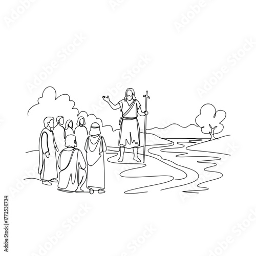 Biblical history illustrated with figure holding staff and group of people in robes near winding river. Scene of biblical history depicts important ancient event, figures in traditional dress.