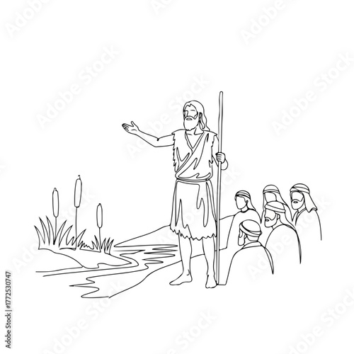 Line art illustration of biblical history, depicting John the Baptist preaching to a crowd. Biblical history comes alive through this scene,