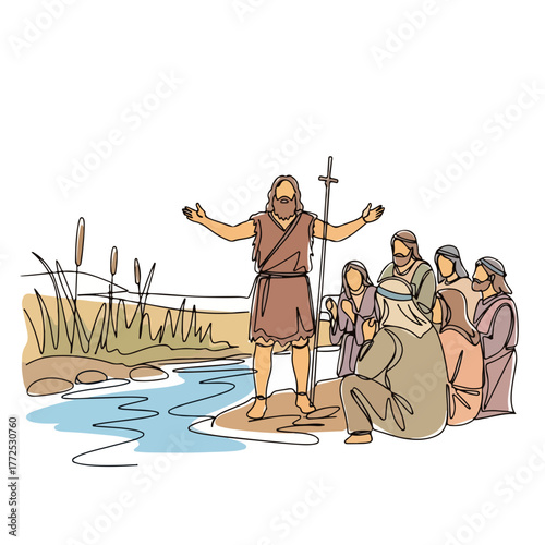 Depicting biblical history, religious figure stands on shore with outstretched arms, engaging with a crowd of people.