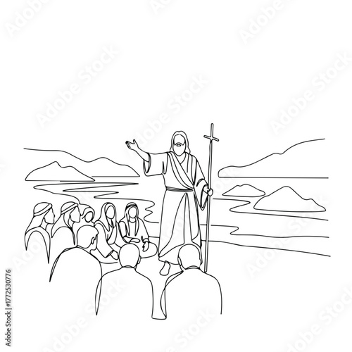 Biblical history depicted in single line illustration of Jesus teaching crowd near river. Biblical history includes Jesus standing with robe and staff, teaching apostles, disciples,