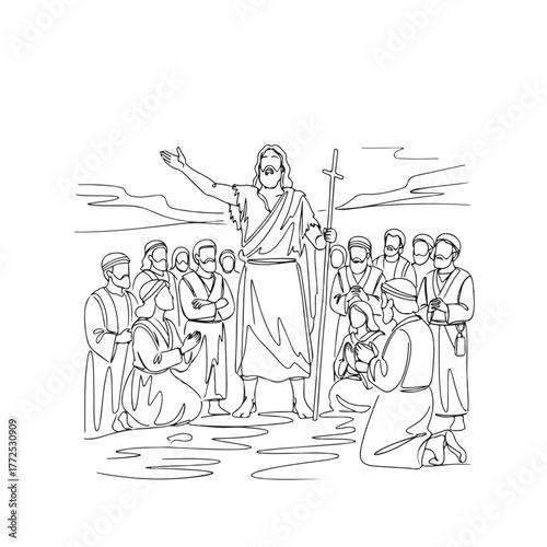 Single continuous line drawing of Jesus Christ gives blessing to his believers. Jesus Christ, the son of God, preaching to his followers with love and compassion,