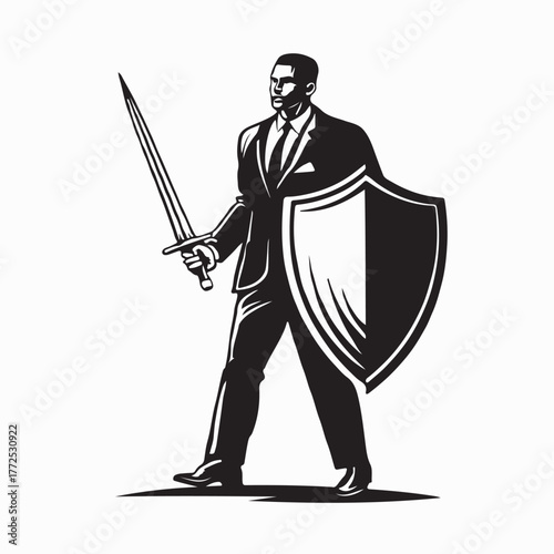 Businessman Protecting Company with Sword and Shield Vector