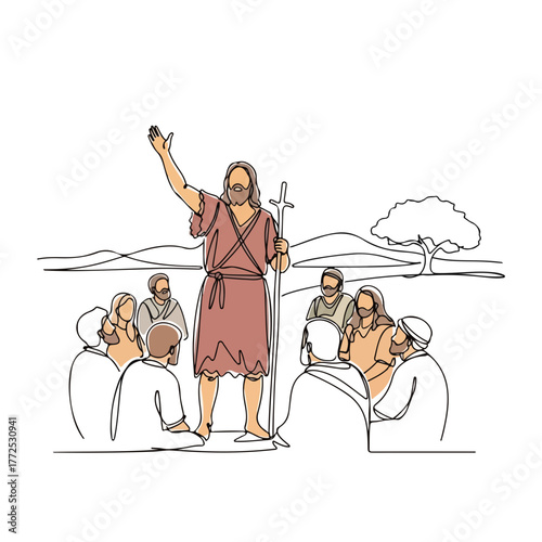 Depiction of biblical history with robed man speaking to crowd, minimalist line art. Religious speaker animated with congregation in pastoral setting, offering teaching and guidance.