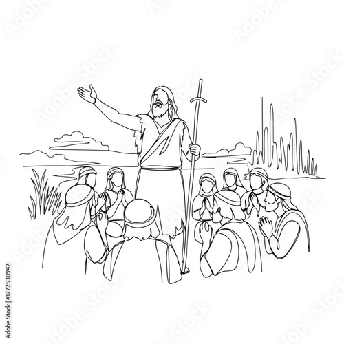 Biblical history illustration of Jesus with his disciples. Biblical history showing leader in robe with staff, preaching to followers, in a simple one-line drawing.