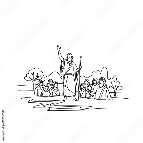 One line drawing illustration of Moses parting the Red Sea, miraculous escape of Israelites from Egyptian army. This Moses parting the Red Sea image showcases symbolic biblical event,