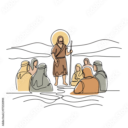 Biblical scene shows baptist preaching to his disciples on mountaintop, wearing traditional robe. Baptist scene depicts religious ceremony and worship.
