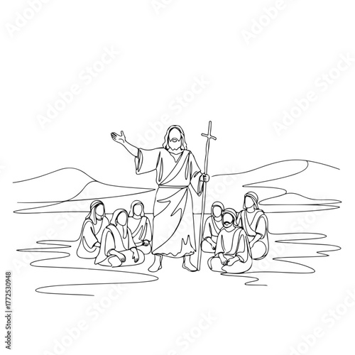 Single continuous line drawing of Jesus Christ preaching to his disciples on mountain background. Jesus Christ teaching with love and wisdom on a historical background, teaching the apostles.