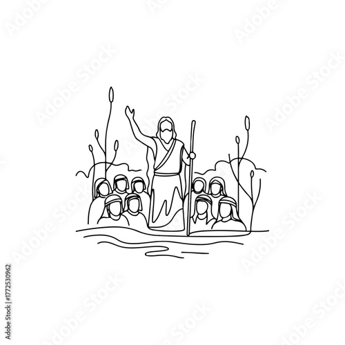 Single continuous line drawing of Jesus Christ baptizing people in river water. Drawing includes a religious leader raising hand to heaven and performing sacrament of baptism.