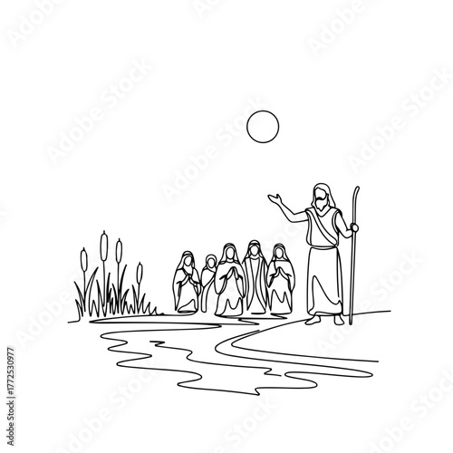 Biblical figure leading followers to river in monochrome line drawing. Figure with followers approaches water, set against reeds and full moon above in this minimalist scene.