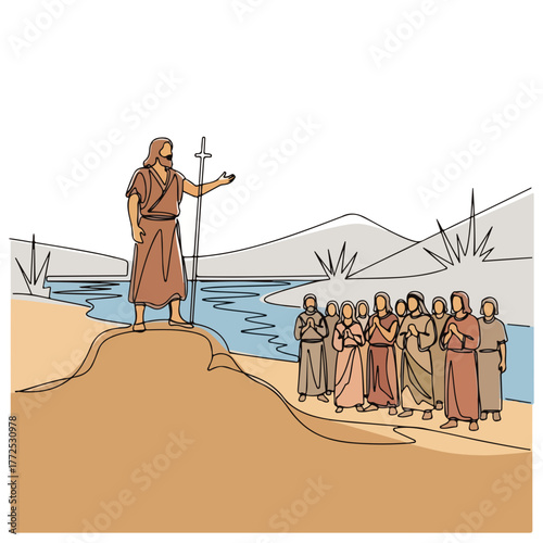 Biblical figure with followers depicted in a single line drawing, standing before river on a sandy beach. Biblical figure addresses disciples, mountains and scrub brush rise in background,