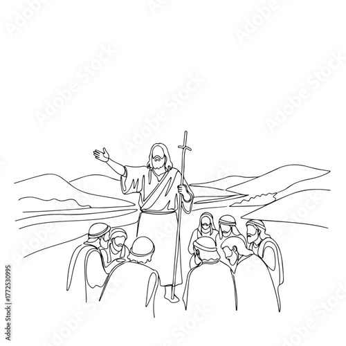 Biblical scene depicts Jesus Christ and apostles. Continuous line drawing of biblical scene near water and mountains highlights Jesus' teachings and divine guidance. Representing history,