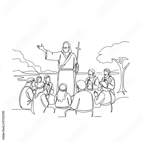 Biblical scene depicting Jesus Christ preaching to followers in continuous line drawing. Biblical scene displays Christ and his disciples during outdoor sermon, highlighting landscape elements.