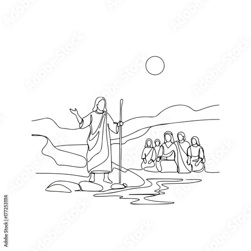 Biblical history in a continuous line drawing of Moses standing before people near water and hills.