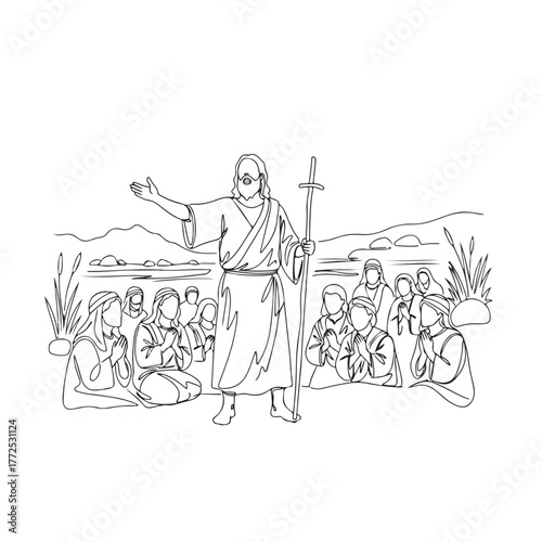 Line drawing biblical scene with Jesus Christ teaching crowd near lake. Biblical scene showing holy teacher preaching sermon to people who are listening with respect and faith.