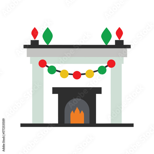 Festive fireplace mantel decorated with garland and colorful christmas lights for holiday cheer vector christmas