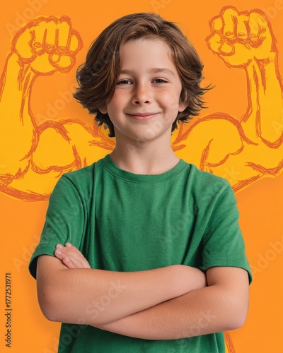 A confident boy smiles with arms crossed, against a vibrant orange backdrop featuring stylized muscle arms, conveying strength and positivity.