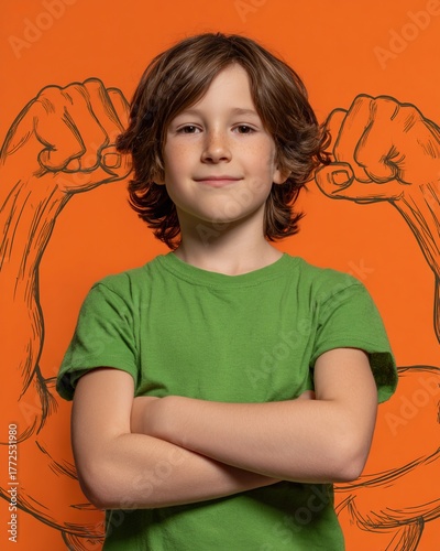 A confident boy with crossed arms stands against an orange background, featuring illustrated muscular arms, showcasing strength and self-assurance.