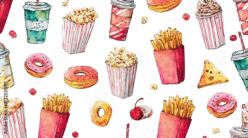 A colorful pattern featuring various snacks like popcorn, fries, donuts, and drinks, creating a fun and playful food-themed design.