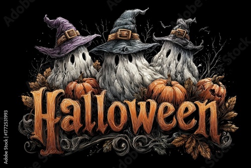 A spooky Halloween-themed illustration featuring ghostly figures wearing hats, surrounded by pumpkins and autumn leaves.