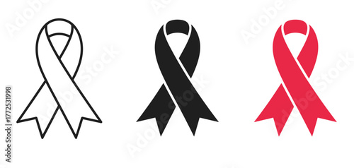Three awareness ribbon variations outline solid black red vector illustration eps scalable vector