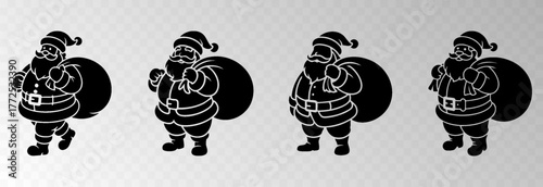 Santa Claus png with a big gift sack walking in snowy forest surrounded by Christmas trees, isolated on transparent background, space for holiday sale text, luxury New Year card vector