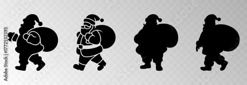 Santa Claus png with a big gift sack walking in snowy forest surrounded by Christmas trees, isolated on transparent background, space for holiday sale text, luxury New Year card vector