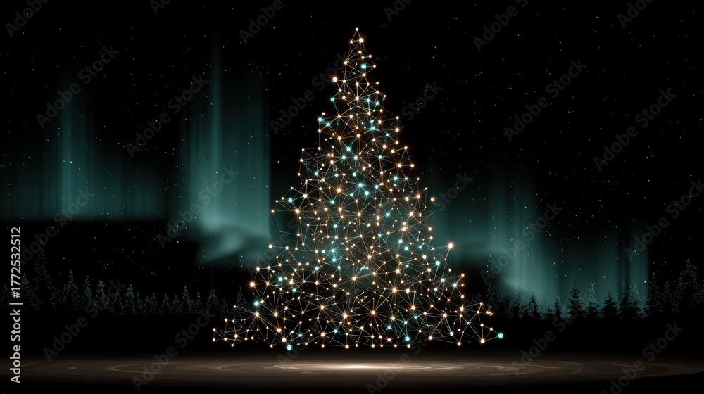 Naklejka premium Ethereal Christmas tree made of glowing lights under the Northern Lights.