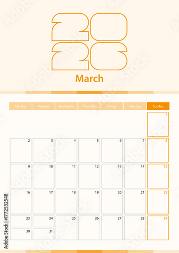 Modern vector vertical calendar sheet for March 2026, planner in English. 