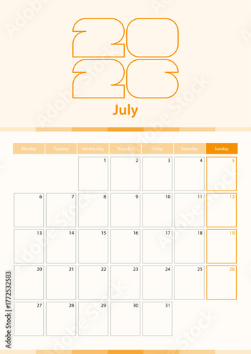 Modern vector vertical calendar sheet for July 2026, planner in English. 
