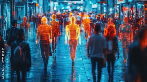 Crowded Shopping Mall With AI Scanning Faces and Tracking People in a Digital Environment