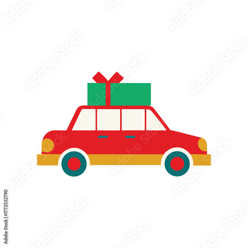 Festive red car carries stacked green christmas presents on roof for holiday travel vector christmas