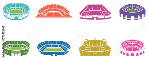Set of 8 stylized stadium illustrations in various colors scalable vector graphics vector