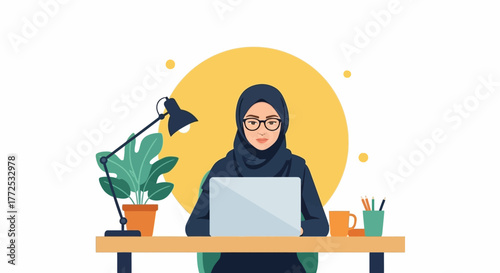 Illustration of a woman wearing a hijab working on a laptop at a desk with a plant and lamp in a minimalist workspace