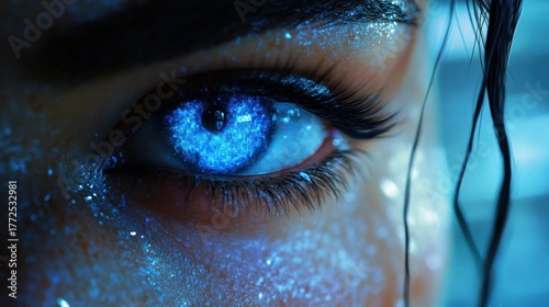 Close-up View of Detailed AI-generated Digital Painting With Blue Lighting on a Large Screen