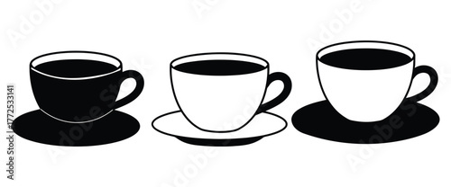 Assortment of three coffee cups and saucers in distinct black and white designs