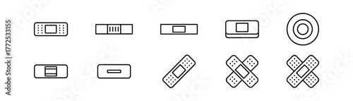 Set of Ten Outline-Style Adhesive Bandage Icons in Monochromatic Design