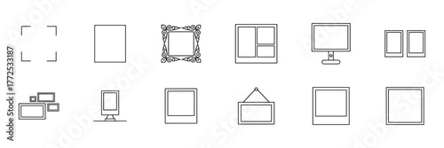 Set of Twelve Line Art Frame and Display Icons in Minimalistic Style