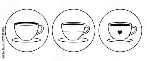 Set of Three Simple Outline Coffee Cup Icons with Saucers and Details