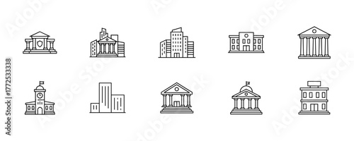 Set of Ten Architectural Building Line Art Icons in Minimalist Style