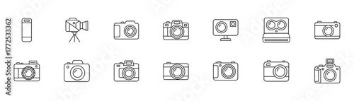 Camera icons collection in line style on white background