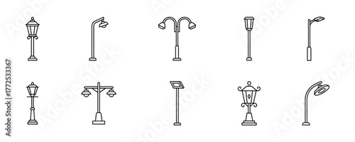 Collection of Ten Line Art Street Lamp Illustrations in Minimalist Style