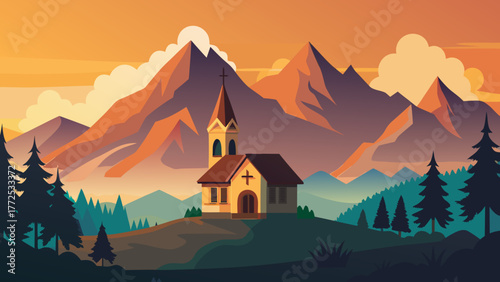 Church in the mountains at sunset time