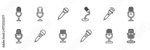 Collection of Ten Black and White Microphone Icons in Line Style