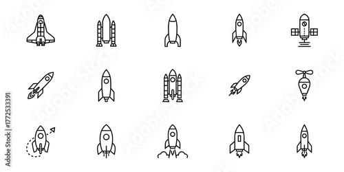 Collection of 15 Spacecraft and Rocket Line Icons in Grid Format